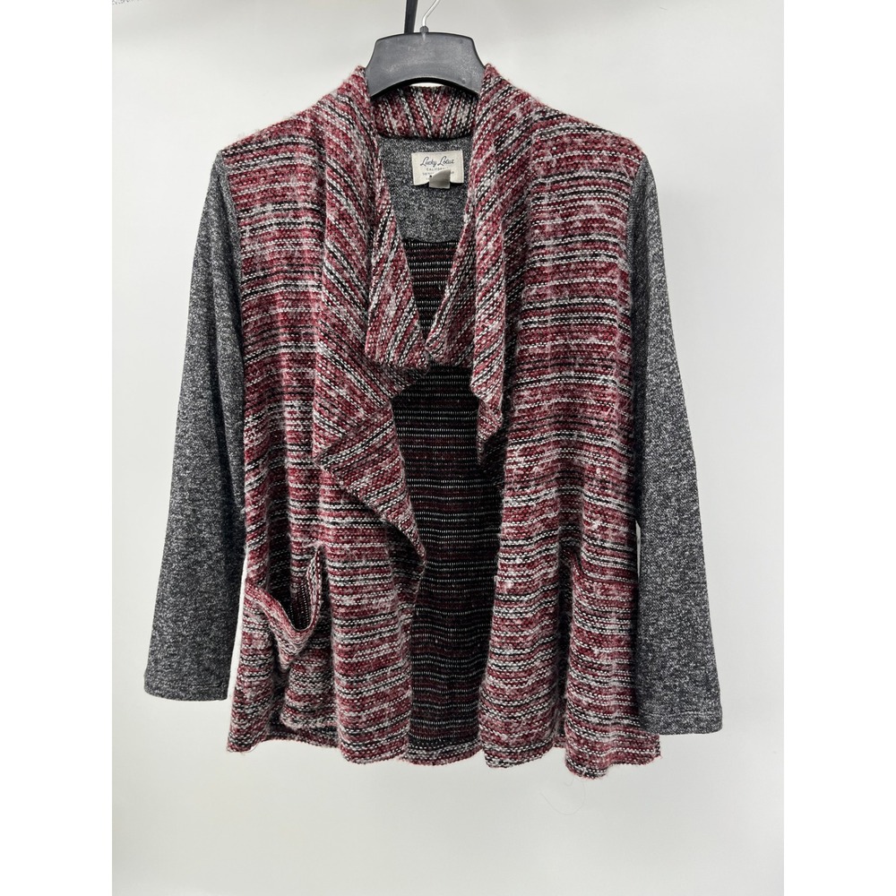 Lucky‎ Brand Lucky Lotus Womens 1X Cardigan Sweater Burgundy Striped Open Front